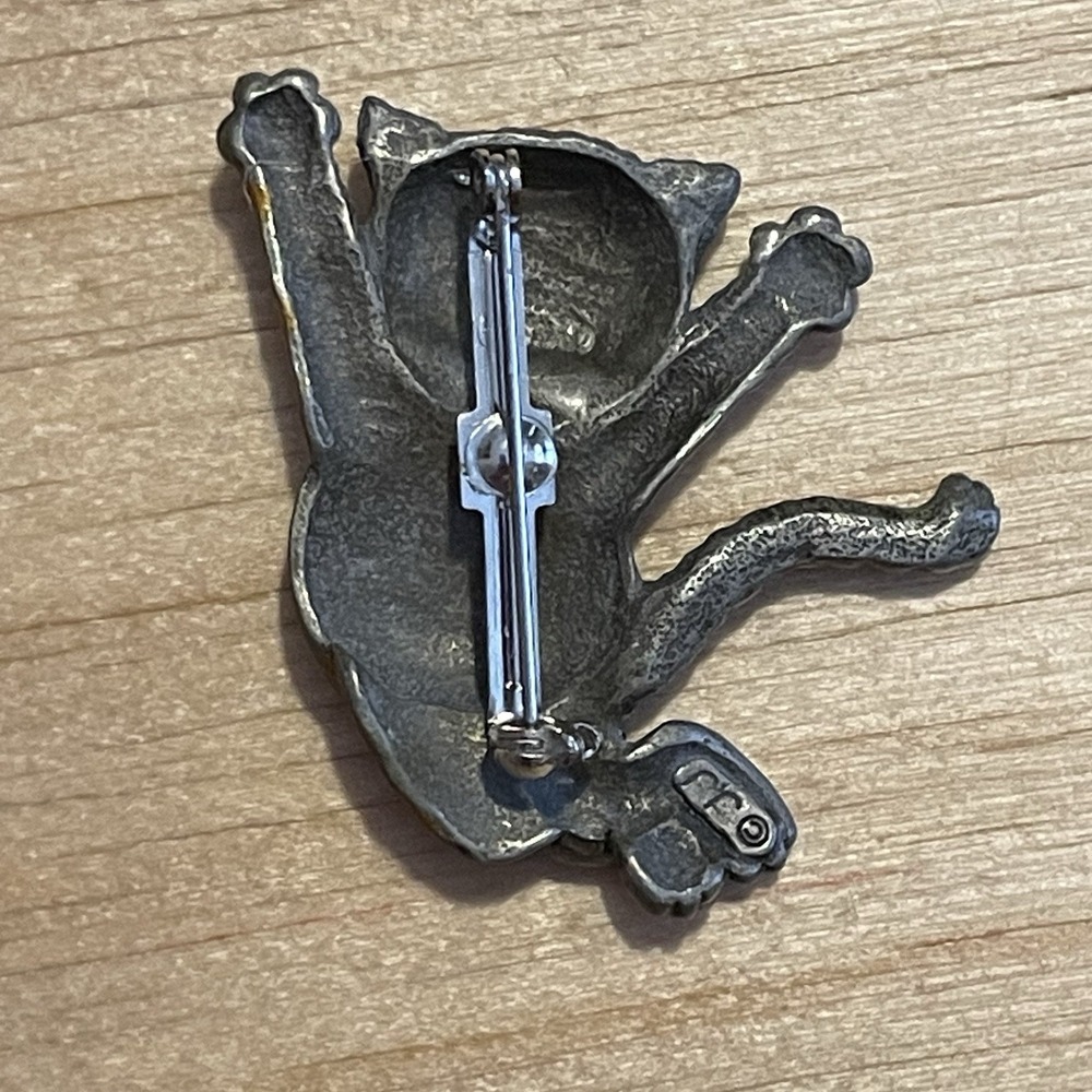 Vintage 1990s JJ Jonette Jewelry Pewter Tone Cat Brooch Happy Kitty Pin Orange - Picture 2 of 9